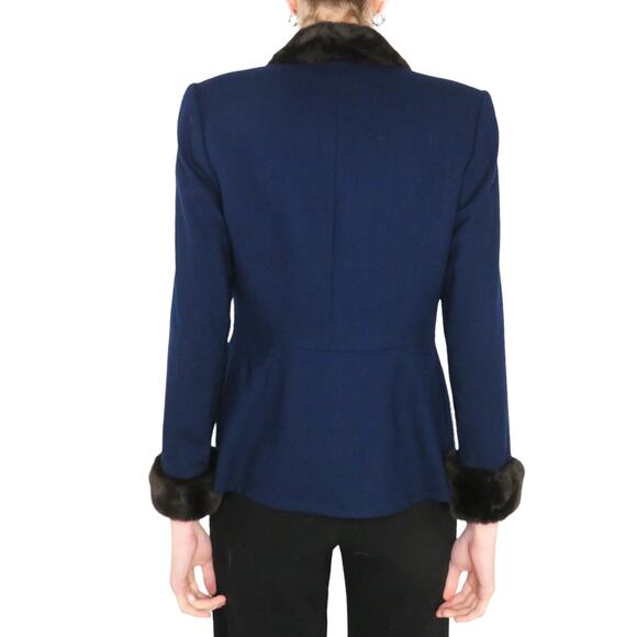 Noviello 1990s Vintage Blue Blazer Jacket with Fur Collar Formal Twee Small - Picture 3 of 8